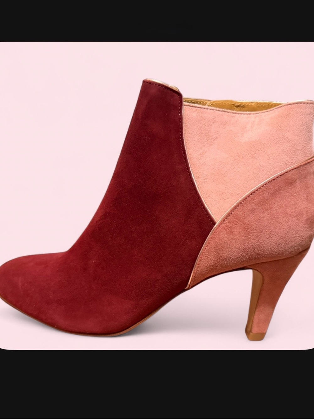 Sezane Two-Tone Burgundy and Blush Suede Ankle Boot
